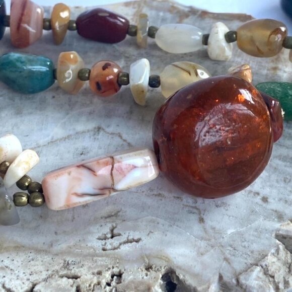 Artisan Natural Stone Beaded Boho 26" Boho Necklace Amber Colored Glass Pendant - Picture 10 of 16